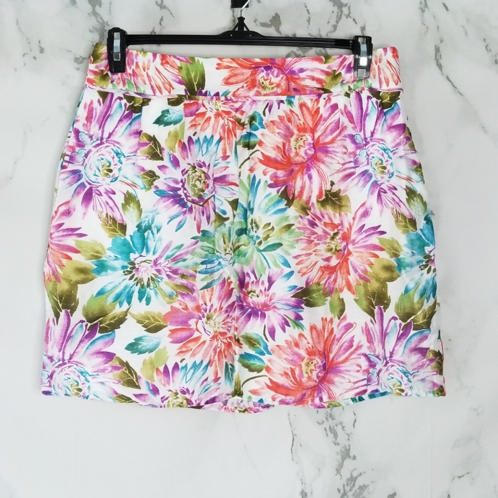 LOFT Colorful Floral Print Linen Skirt